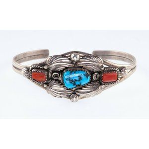 M. Begay Sterling Silver Cuff Bracelet w/ Turquoise, Coral Stones & Leaf Pattern